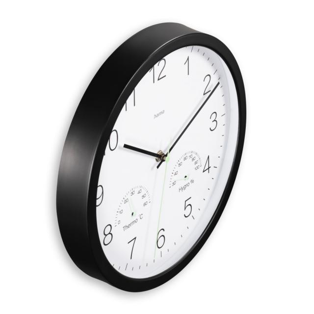 Hama “Santorini” Wall Clock, No Ticking, w. Thermo/Hygrometer, Ø 30cm, blk 