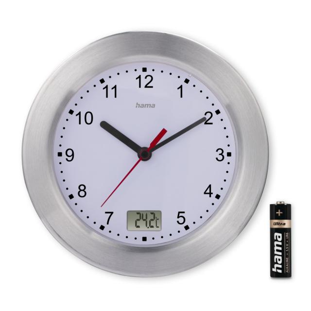 Hama "Mauritius" Bathroom Clock, Wall Clock with Thermometer, No Ticking, Ø 17 cm, 