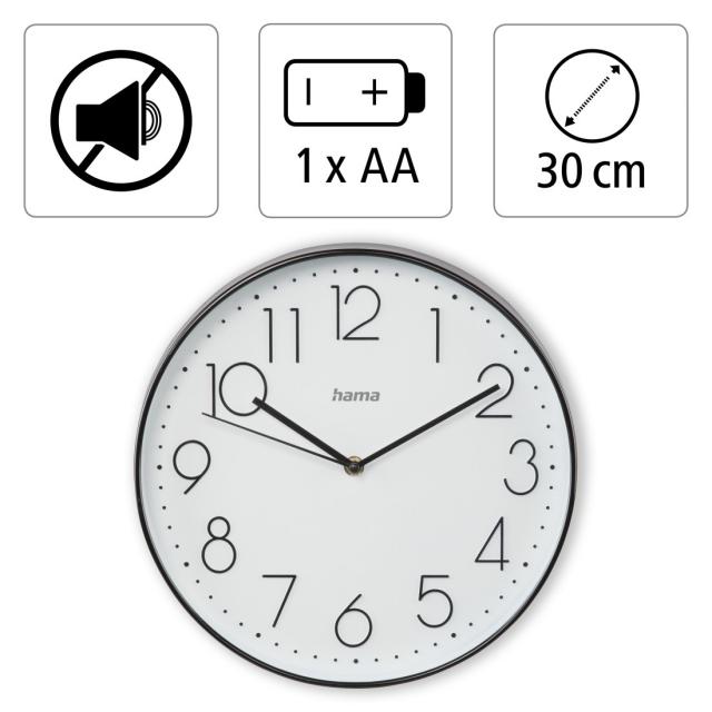 Hama "Elegance" Wall Clock, diameter 30 cm, quiet, black/white 