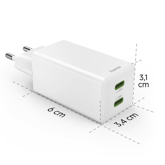 Hama Fast Charger, GaN, 2x USB-C, Mini Charger, PD, 65 W, 201994 