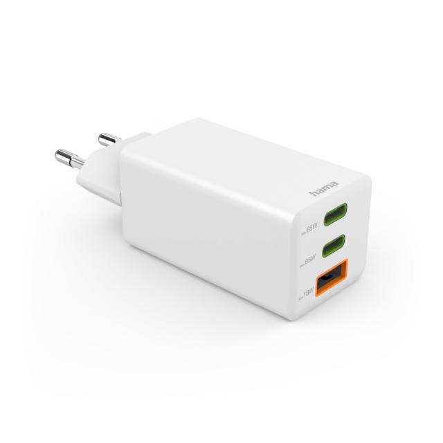 Hama Fast Charger, GaN, 2x USB-C, 1x USB-A, Mini Charger, PD, 65 W, white 