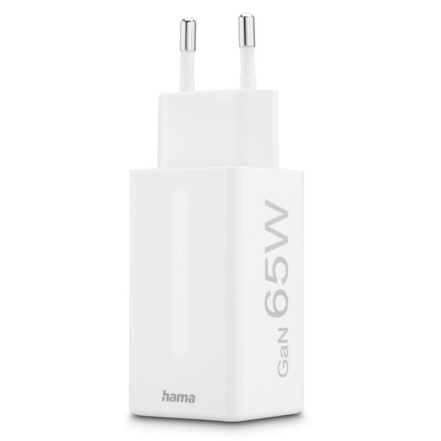 Hama Fast Charger, GaN, 2x USB-C, 1x USB-A, Mini Charger, PD, 65 W, white 