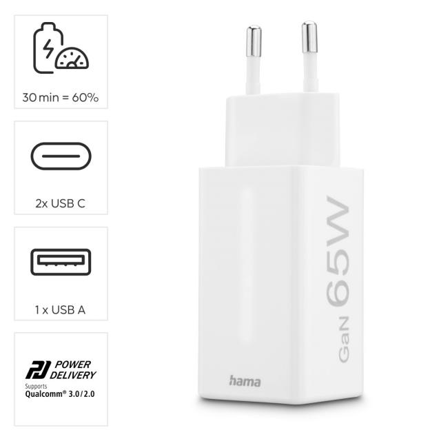 Hama Fast Charger, GaN, 2x USB-C, 1x USB-A, Mini Charger, PD, 65 W, white 