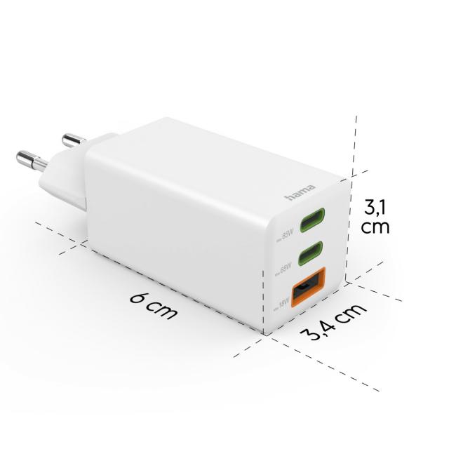 Hama Fast Charger, GaN, 2x USB-C, 1x USB-A, Mini Charger, PD, 65 W, white 