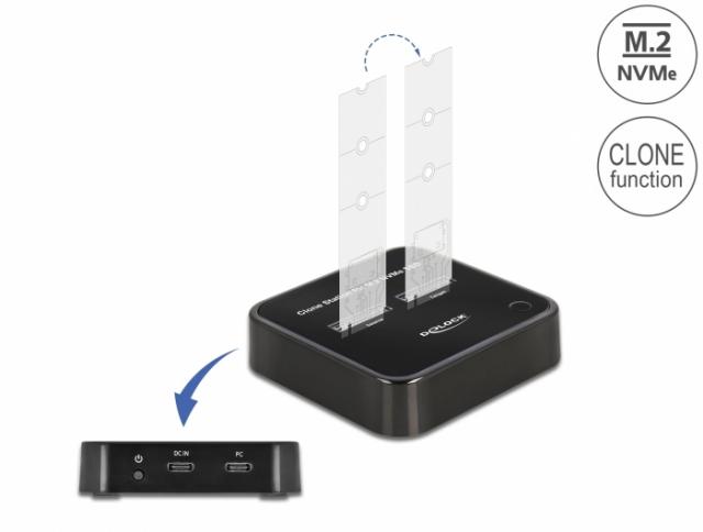 Външна стойка Delock M.2, 2 x M.2 NVMe, PCIe SSD, Функция клониране 