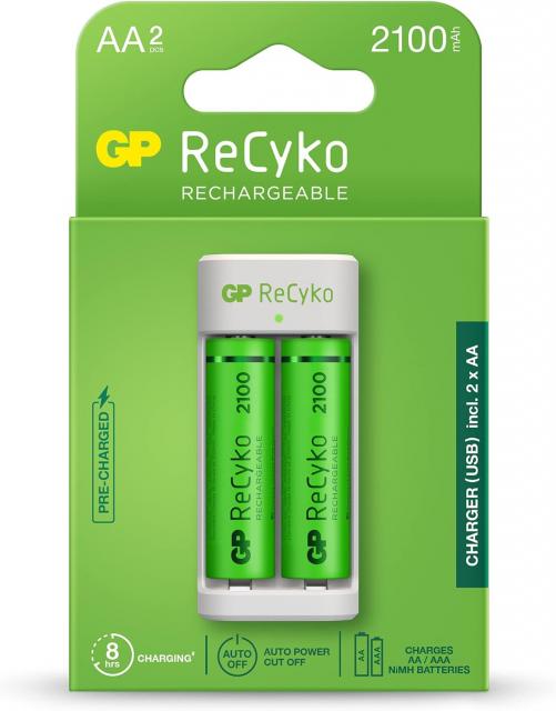 GP ReCyko 4-Slot E211 USB Charger (w/ 2's 2100mAh AA Batteries) 