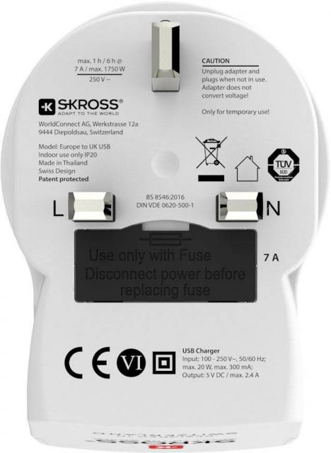 SKROSS 1500280 Adapter Mains socket 2 x USB incl. UK adapter 