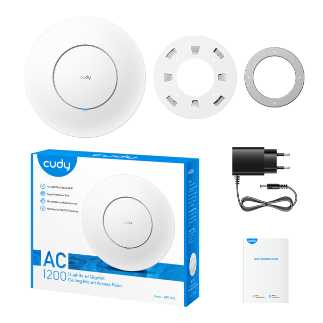 Безжичен Access Point Cudy AP1300-P, AC1200, 2.4/5 GHz, 300 - 867 Mbps, PoE адаптер 