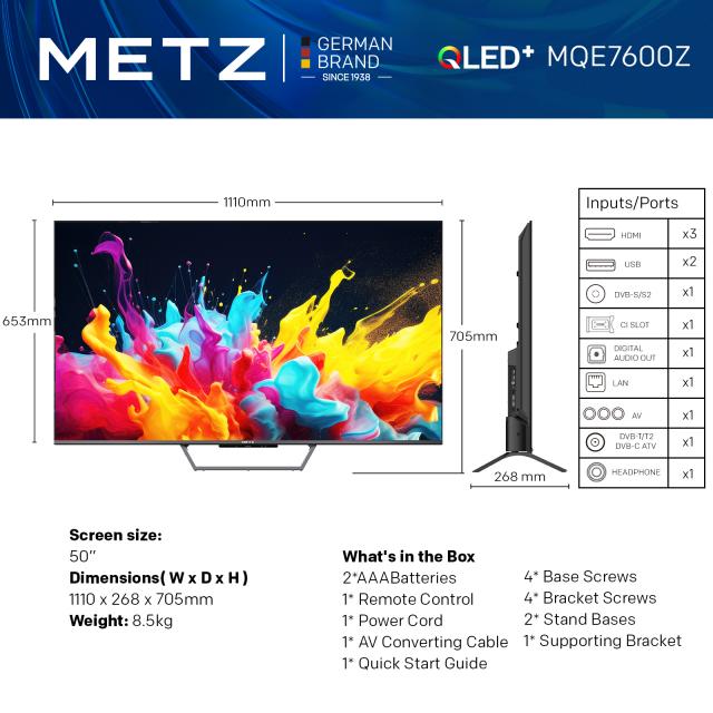 Телевизор METZ 50MQE7600Z, 50"(126 см), QLED, Google TV, 4K/UND, 60Hz 