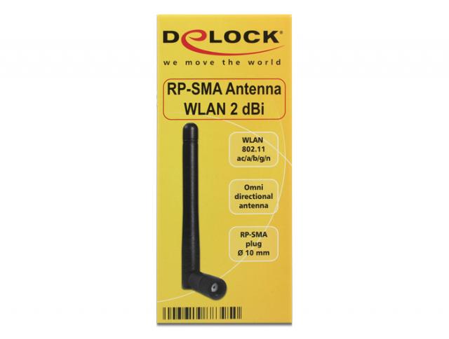 Антена Delock WLAN, 802.11 ac/a/b/g/ni, RP-SMA plug, 2 dBi, Черен 