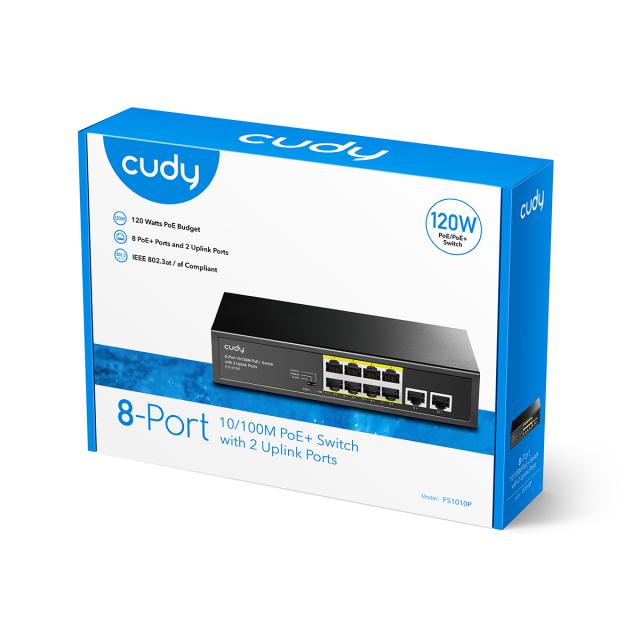 Суич Cudy FS1010P, 8 портов, 10/100, PoE+ Switch 120W, 2 x Uplink порта 