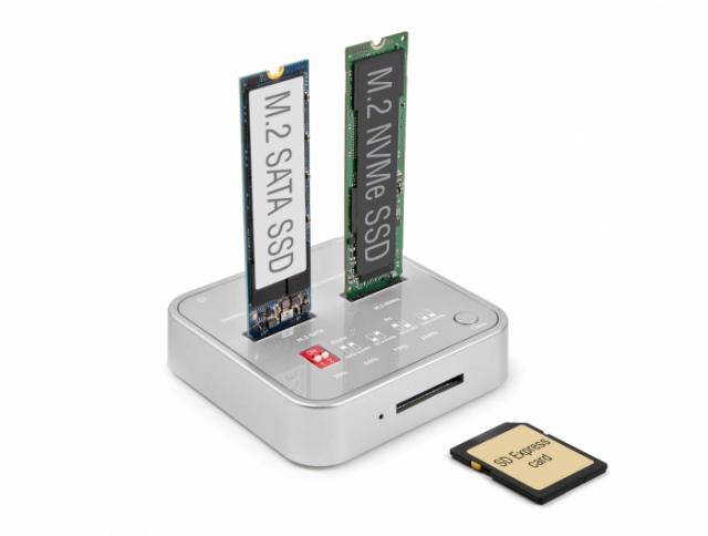 Delock Docking Station for 1 x M.2 NVMe SSD + 1 x M.2 SATA SSD with SD Express (SD 7.1) Card Reader and Clone Function 