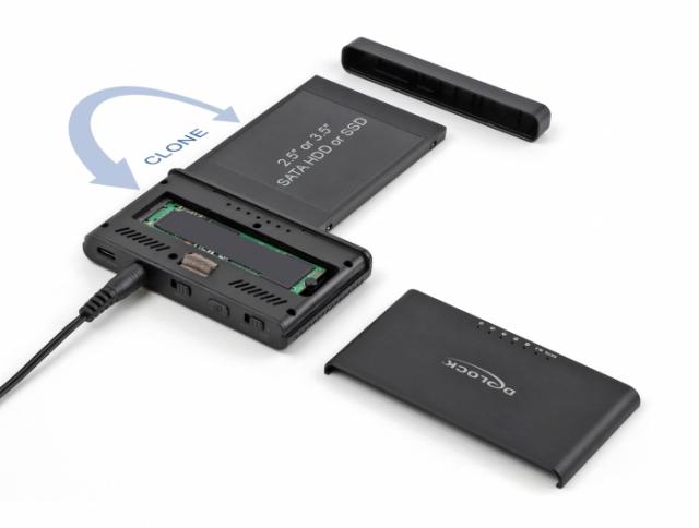 Конвертор Delock, USB-C - 1 x M.2 NVMe SSD + 1 x SATA SSD / HDD, Функция клониране 