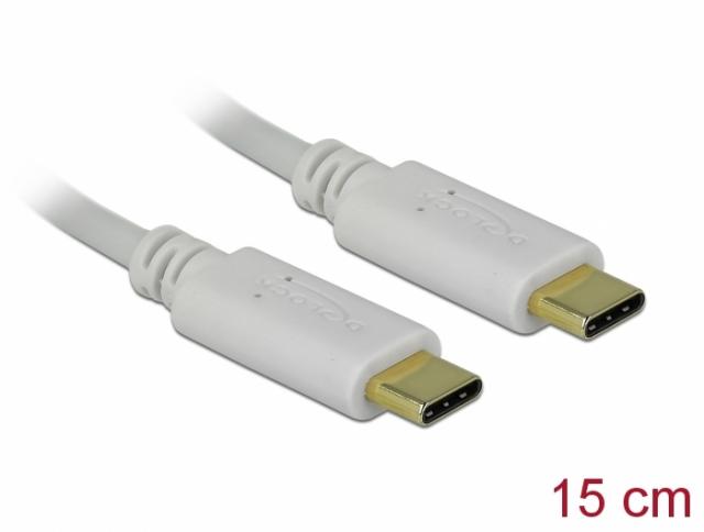 Кабел DeLock 85815, USB-C мъжко - USB-C мъжко, 15 см, Бял 