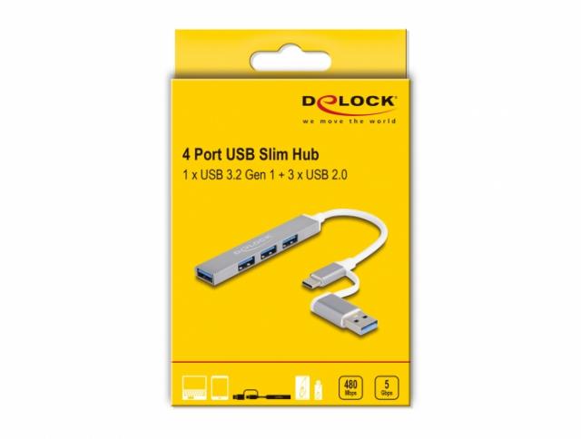 Delock 4 Port Slim USB Hub with USB-C or USB-A to 3 x USB-A 2.0 female + 1 x USB-A 5 Gbps female 