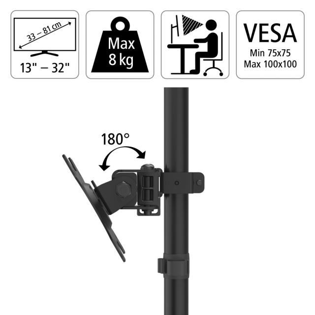 Стойка за 2 монитора за бюро HAMA Регулируема, 13" - 32", 8 кг, Swivel/Tilt, Черна 