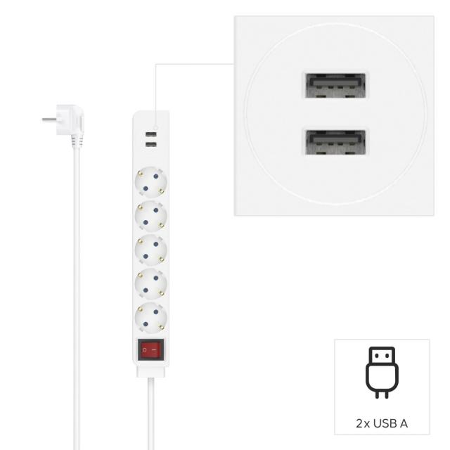 Hama Power Strip, 5-Way, USB-A 17 W, Switch, 223183 