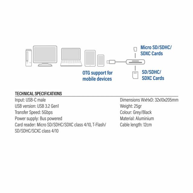 ACT USB-C card reader for SD and micro SD, SD 4.0 UHS-II 