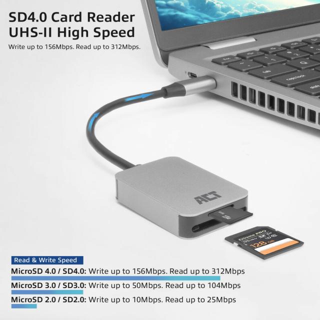 ACT USB-C card reader for SD and micro SD, SD 4.0 UHS-II 