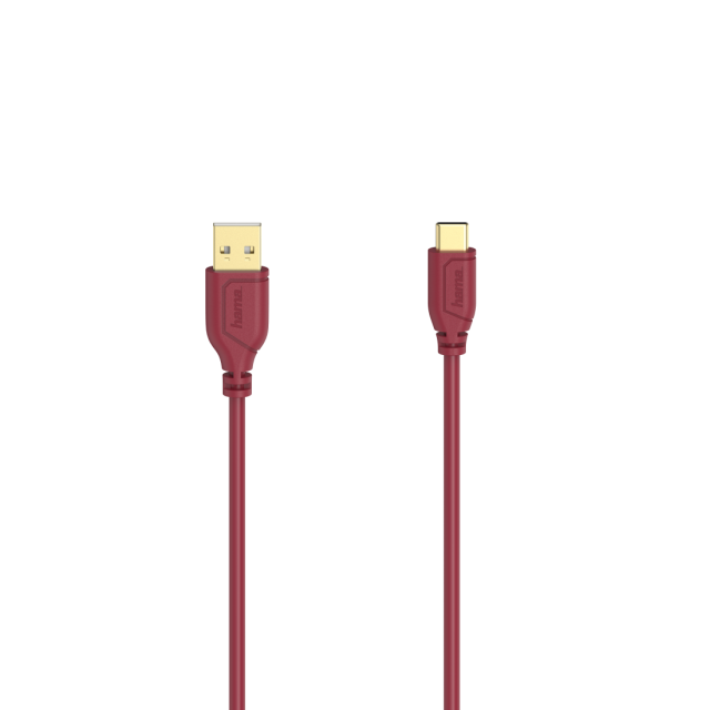 Кабел Hama Flexi-Slim USB-C - USB-A 2.0 мъжко, 0.75м,тънък, позлатен, червен 