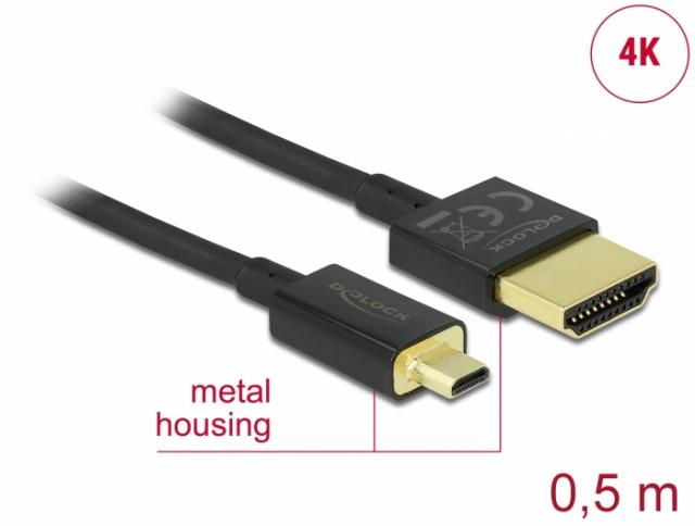 Кабел Delock  HDMI-A мъжко - Micro HDMI-D мъжко,18 Gbit/s, 4K, 0.5 м, Черен 