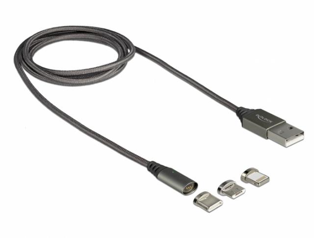 Delock Magnetic USB Charging Cable Set for 8 Pin / Micro USB / USB Type-C™ anthracite 1 m 