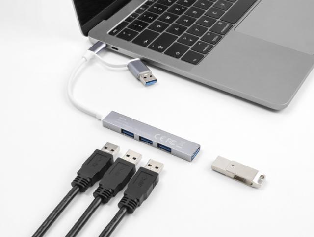 Delock 4 Port Slim USB Hub with USB-C or USB-A to 3 x USB-A 2.0 female + 1 x USB-A 5 Gbps female 