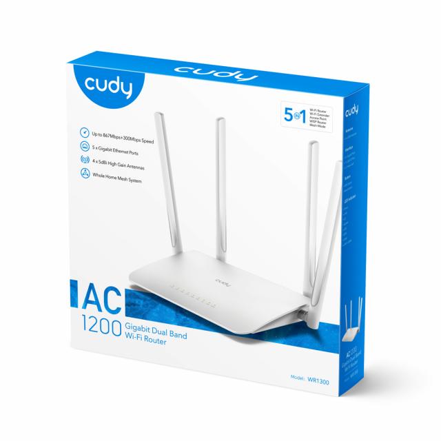 Wireless Router CUDY WR1300, Dual-band AC1200, 300+867 Mbps, DDR 128MB, White 