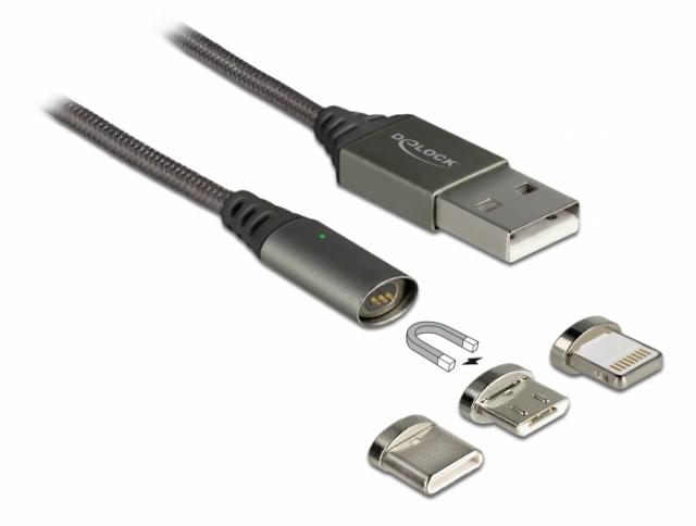 Delock Magnetic USB Charging Cable Set for 8 Pin / Micro USB / USB Type-C™ anthracite 1 m 