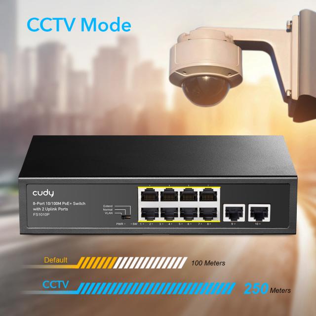 Switch Cudy FS1010P, 8-Port 10/100M PoE+ Switch with 2 Uplink Ports 