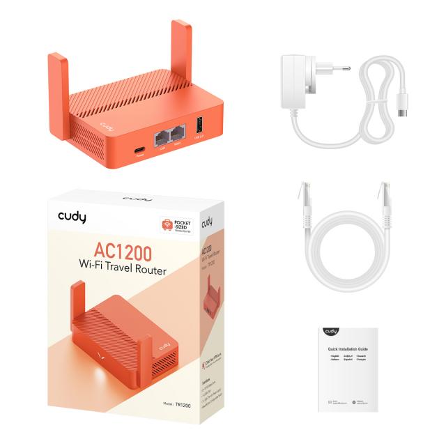 Безжичен рутер CUDY Travel TR1200, AC1200, 2 x 10/100 Mbps, USB3.0, червен 