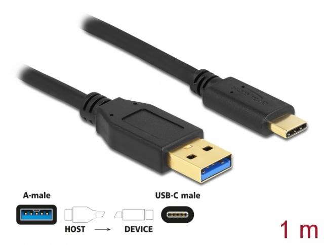 Кабел Delock SuperSpeed, USB-A мъжко - USB-C мъжко, (USB 3.2 Gen 2), 10 Gbps, 1 м, Черен 