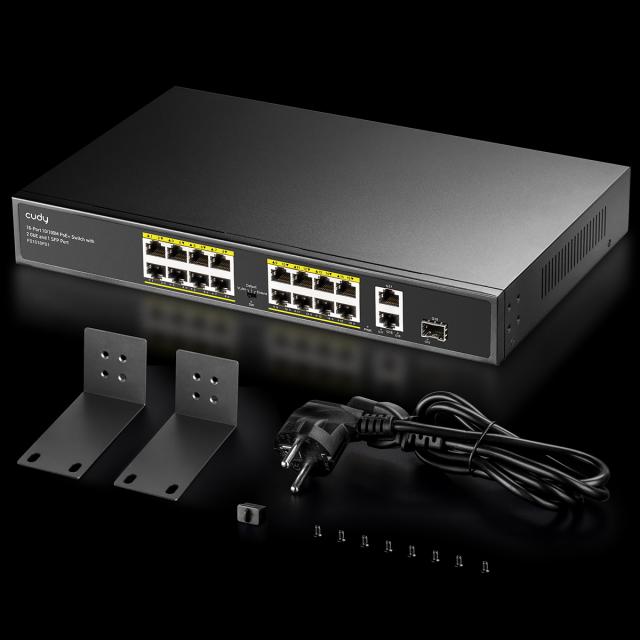 Суич Cudy FS1018PS1, 16 x 10/100 PoE+ Switch 190W, 2 x Gigabit порта, 1 x SFP Slot 