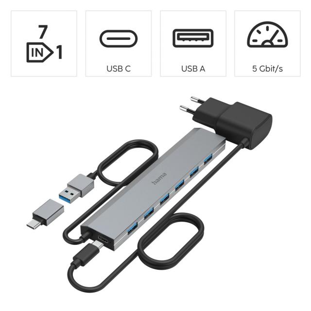 USB Hub, 7 Ports, USB 3.2 Gen 1, 5 Gbit/s, HAMA-200137 