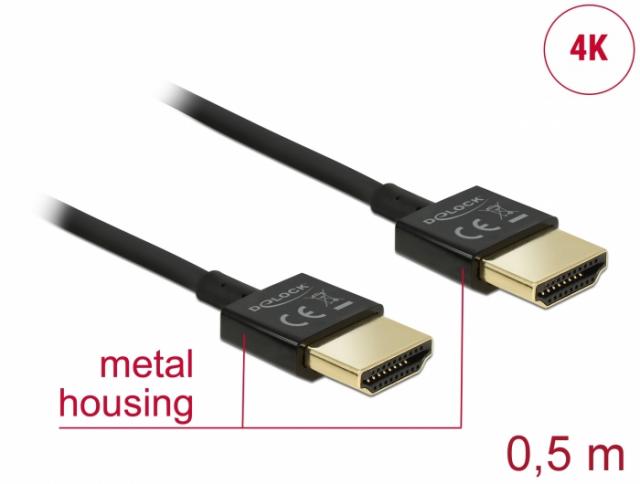 Кабел Delock  HDMI-A мъжко - HDMI-A мъжко, Ethernet, 4K, 0.5 м, Черен 