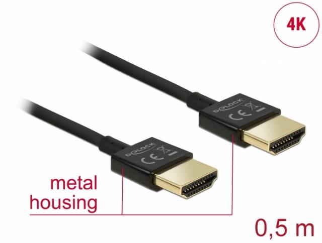 Delock Cable High Speed HDMI with Ethernet - HDMI-A male > HDMI-A male 3D 4K 0.5 m Slim High Quality 