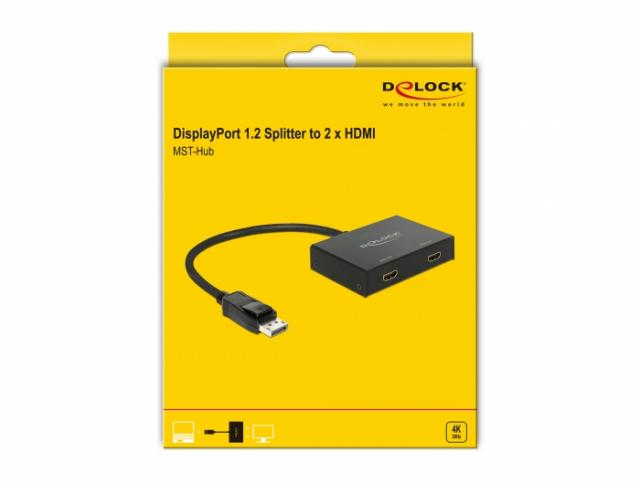 Сплитер DeLock, DisplayPort 1.2 мъжко - 2 x HDMI женско, Черен 