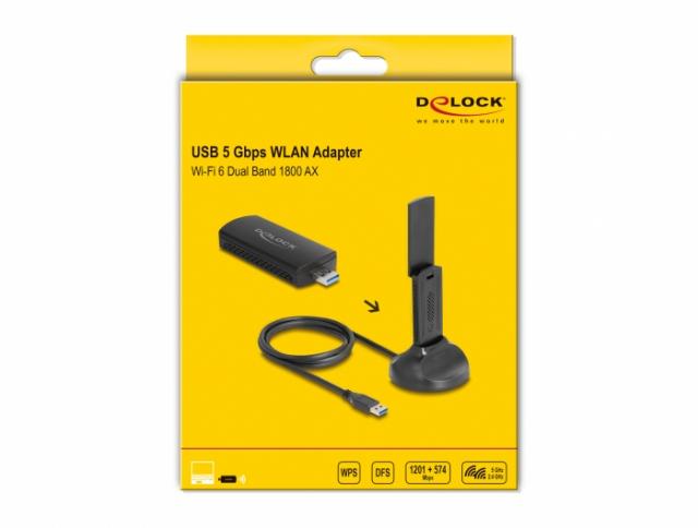 USB адаптер Delock AX1800, Wi-Fi 6, Dual Band WLAN (1201 + 574 Mbps) 
