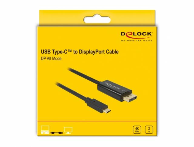 Конвертор Delock, USB-C мъжко - DisplayPort мъжко, 4K 60 Hz, 2 m, Черен 