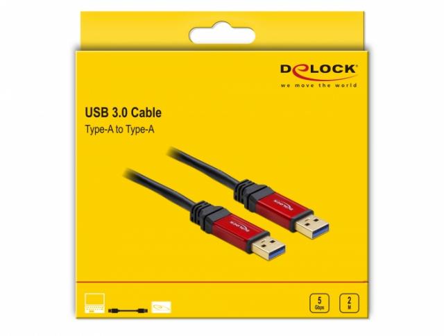 Кабел Delock  USB-A мъжко - USB-А мъжко, 2 м, Premium, Екраниран, Черен 