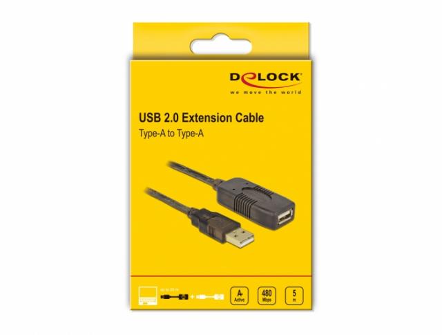 Удължителен кабел DeLock, USB-A мъжко - USB-A женско, USB 2.0, 5 м, Черен 