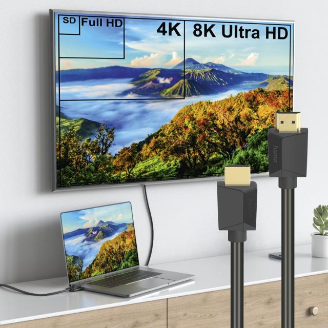 Кабел HAMA High Speed, HDMI мъжко - HDMI мъжко, 8K, 48GB/s, Ethernet , 2 м, Позл. конектори, Черен 