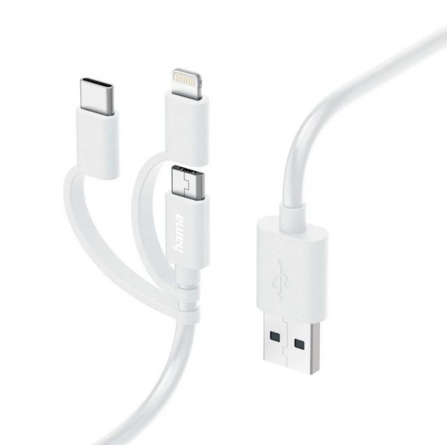 Кабел HAMA 3 в 1, USB-A - Micro-USB, USB-C и Lightning, 201535 