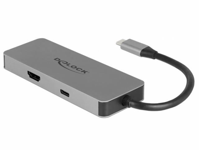 Докинг станция Delock, USB-A, USB-C, HDMI, SD, Micro SD, PD, 4K, Подсветка, Сива 