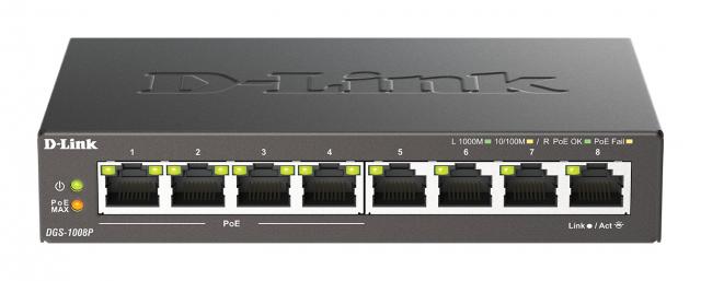 Суич D-Link DGS-1008P, 4x PoE + 4 x стандартни, 10/100/1000, Gigabit,  