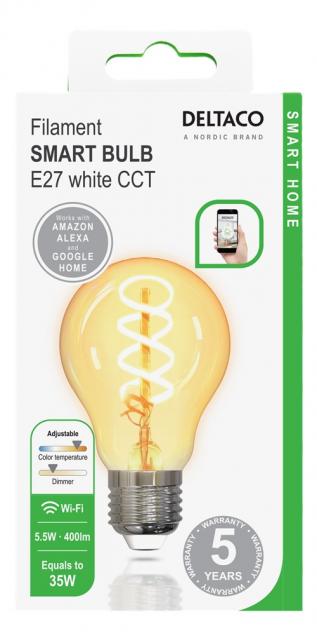 DELTACO SMART HOME Spiral LED filament lamp, E27, WiFI 2.4GHz, 5.5W, 470lm, dimmable, 1800K-6500K, 220-240V, white 