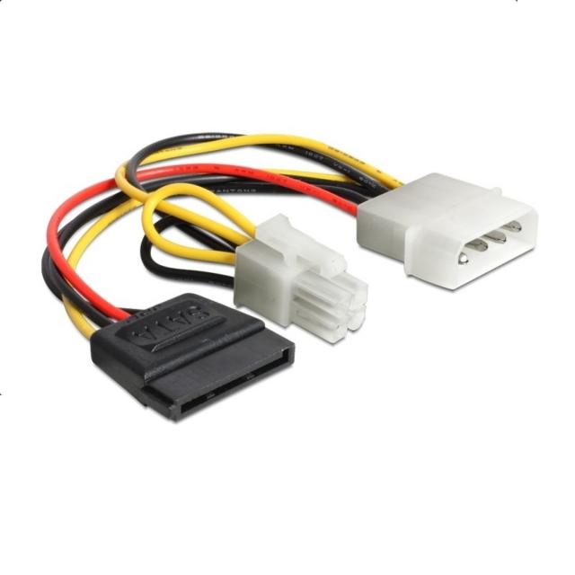 Кабел DeLock Power Molex 4 pin мъжко към SATA 15 pin женско + P4 мъжко, 15 cm 