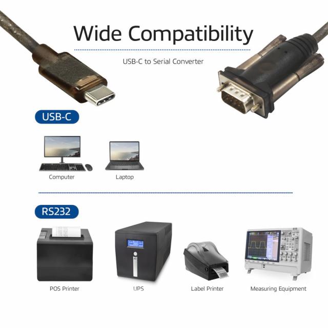 Конвертор ACT AC6002, USB-C мъжко - RS232 мъжко, 9 pin, 1.5 м, Черен 