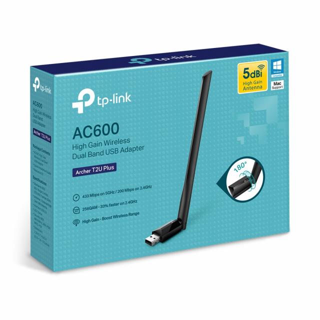 Безжичен адаптер TP-LINK Archer T2U PLUS, AC600, Dual band, USB, външна антена 5 dBi 