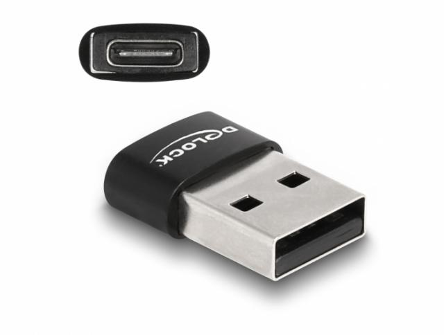 Адаптер Delock, USB 2.0, USB Type-A мъжко - USB Type-C женско, Черен 